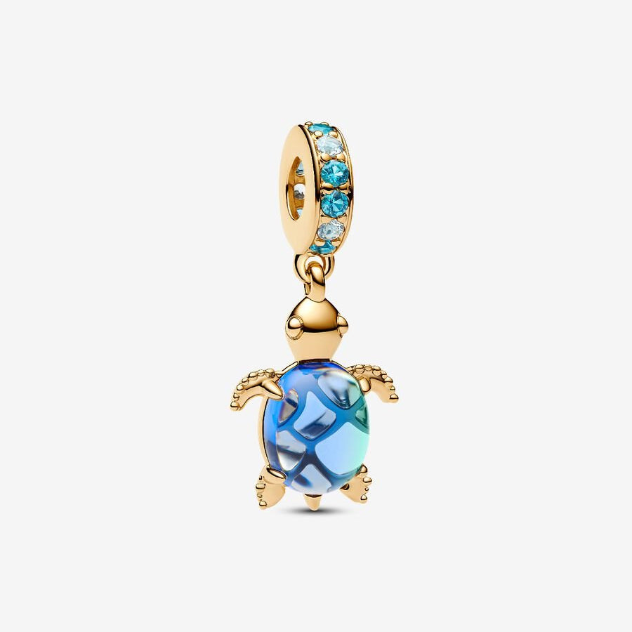 Golden Sea Turtle blue Murano Glass Dangle Charm S925 Sterling Silver