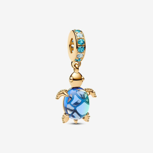 Golden Sea Turtle blue Murano Glass Dangle Charm Hallmarked S925 Sterling Silver