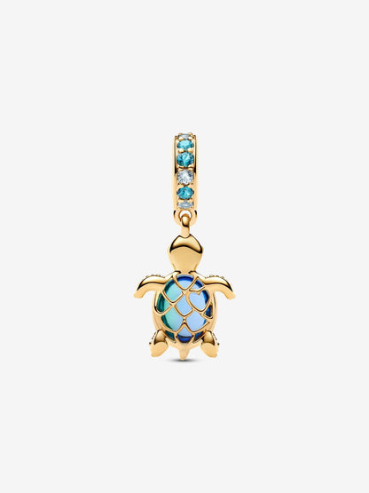 Golden Sea Turtle blue Murano Glass Dangle Charm S925 Sterling Silver
